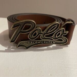 Ralph Lauren Brown Leather Belt with Antique Gold 'Polo' Logo Buckle